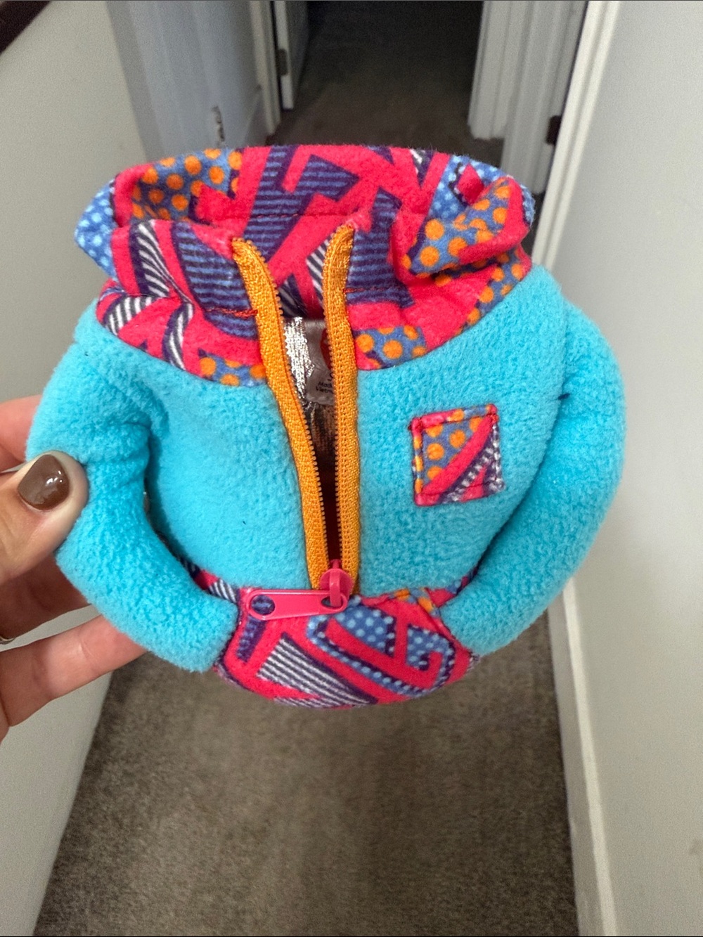 Bright Turquoise & Pink Patterned Plush Hoodie can koozie